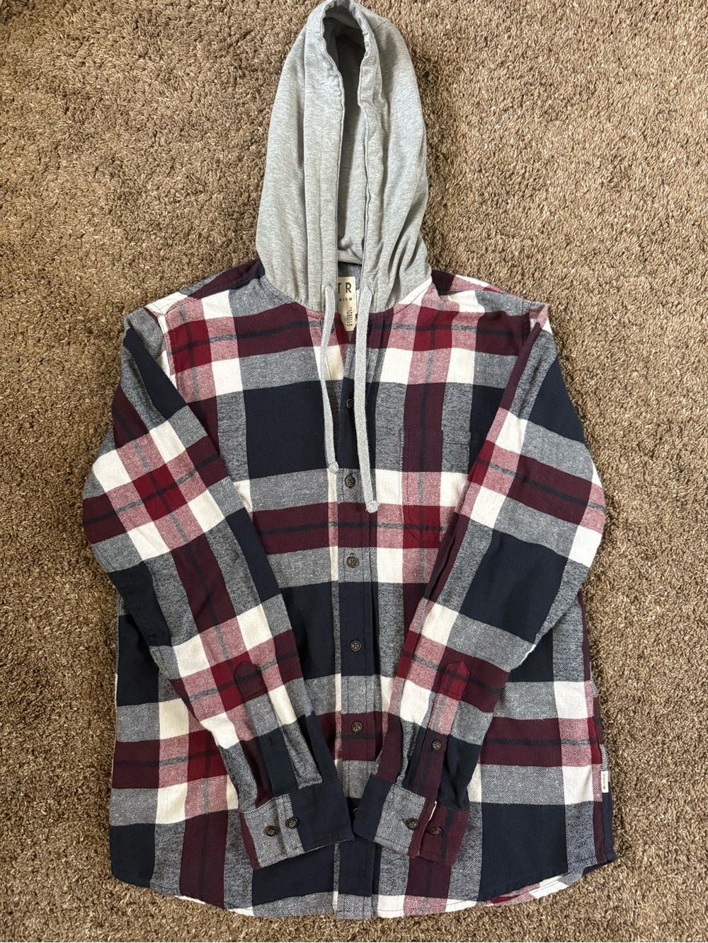 Plaid Hooded Flannel Shirt Jacket - Gray/Maroon/Navy